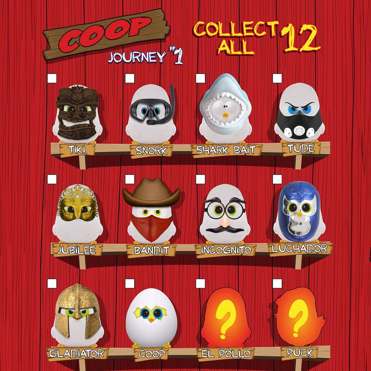 Image of Coop collectible characters including Tiki, Snork, Shark Bait, and more. Collect all 12!