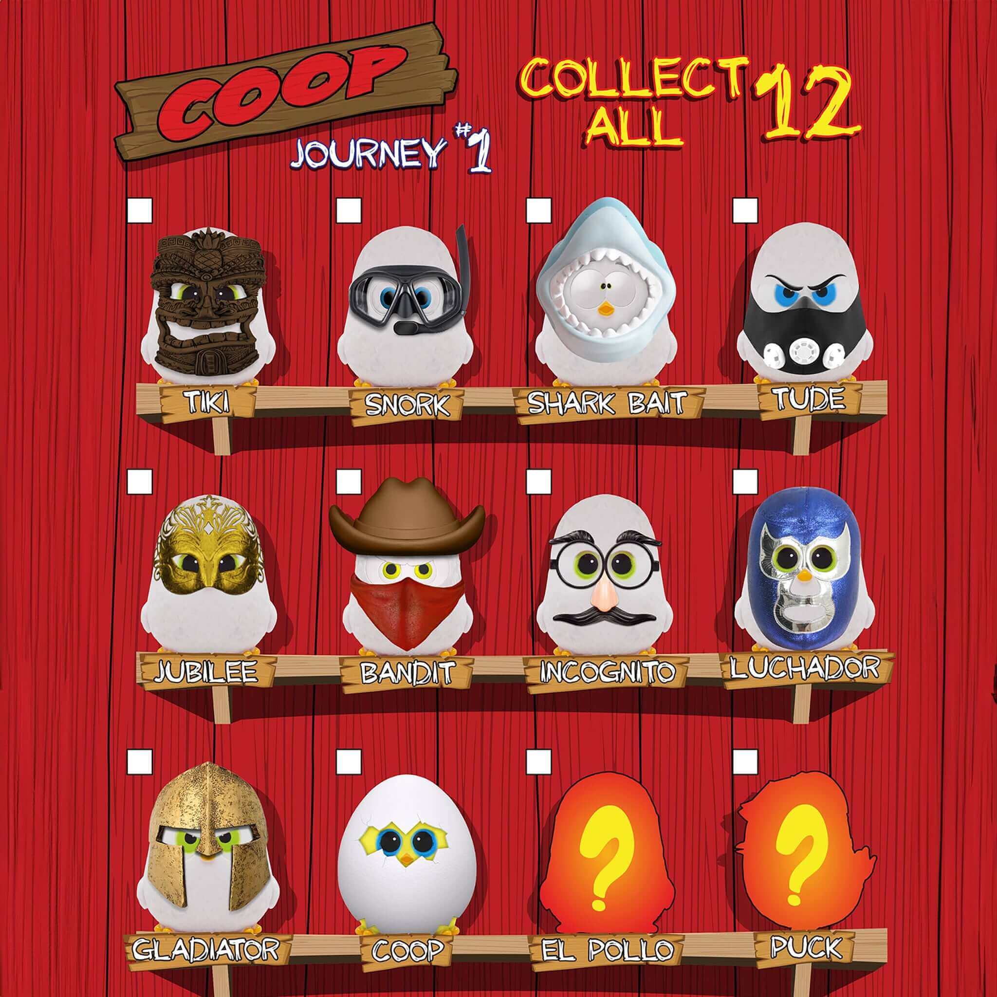 Image of Coop collectible characters including Tiki, Snork, Shark Bait, and more. Collect all 12!