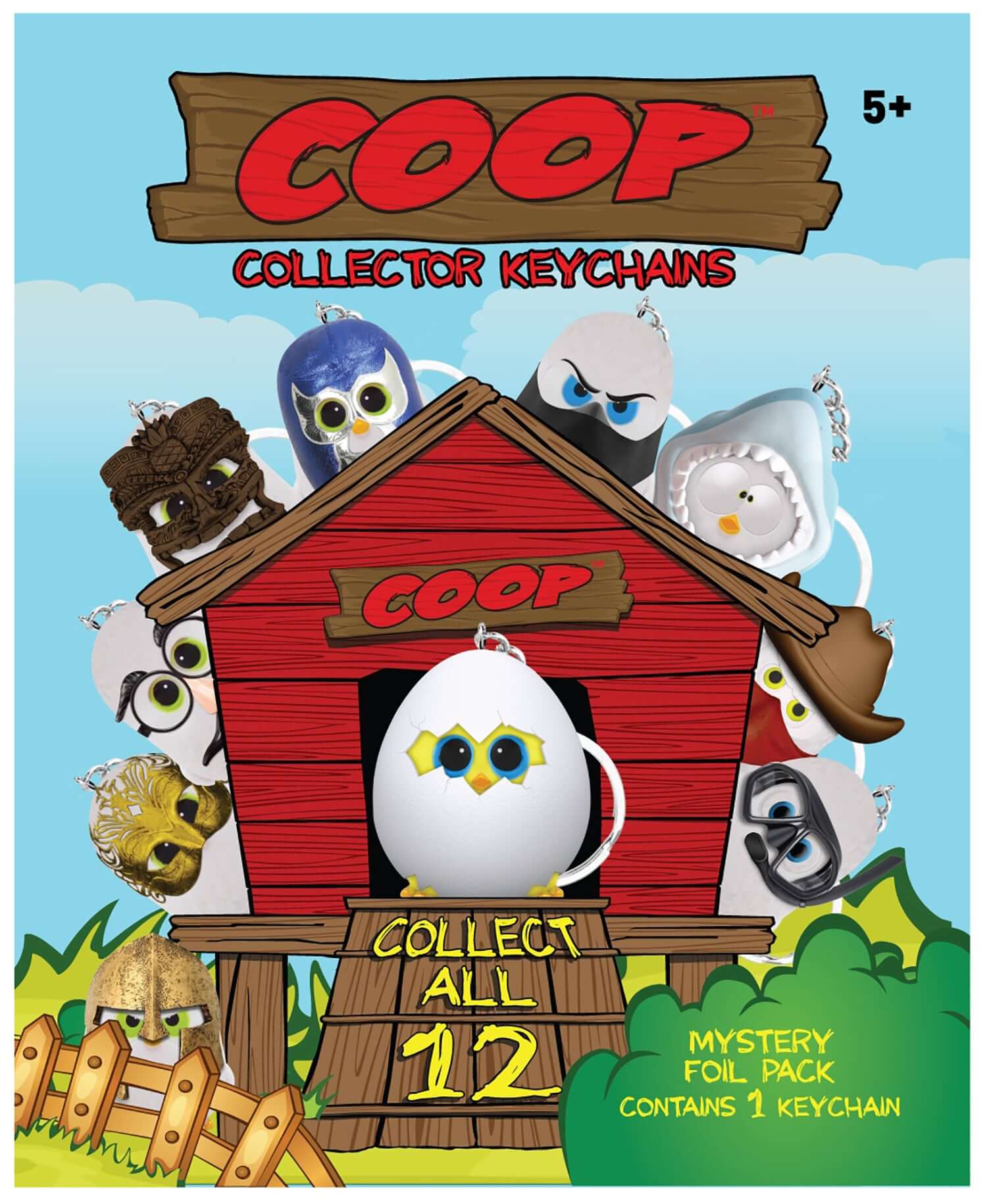 Colorful Coop collector keychains featuring various characters in a charming barn setting, designed for ages 5 and up.