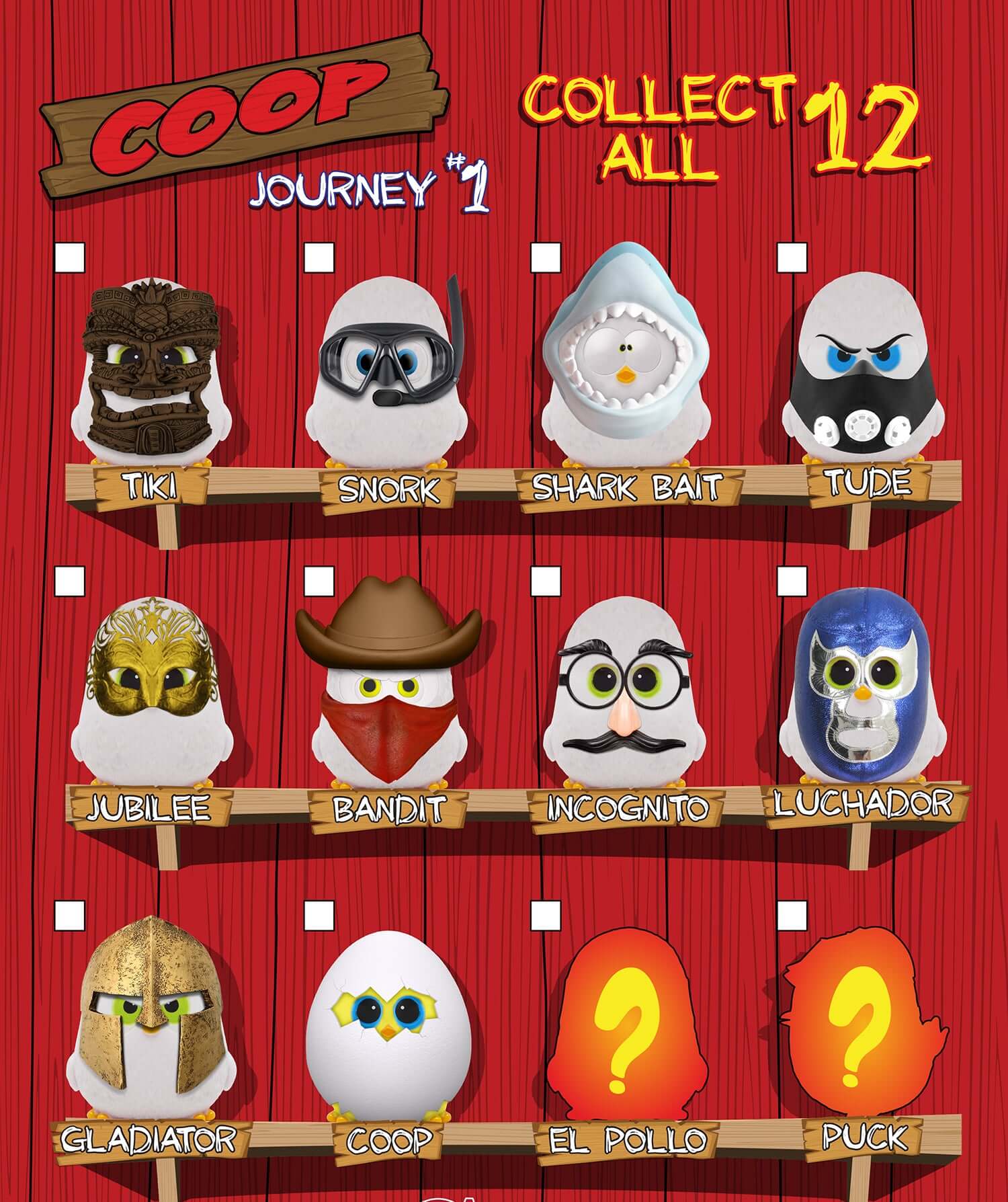 Image featuring Coop collectible characters including Tiki, Snork, Shark Bait, and others. Collect all 12 Coop items.