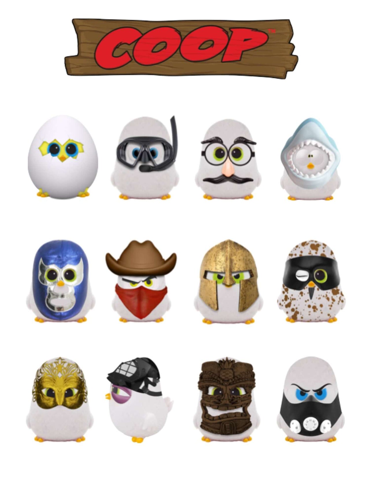Image of various quirky characters from the Coop product line, featuring unique designs and accessories.