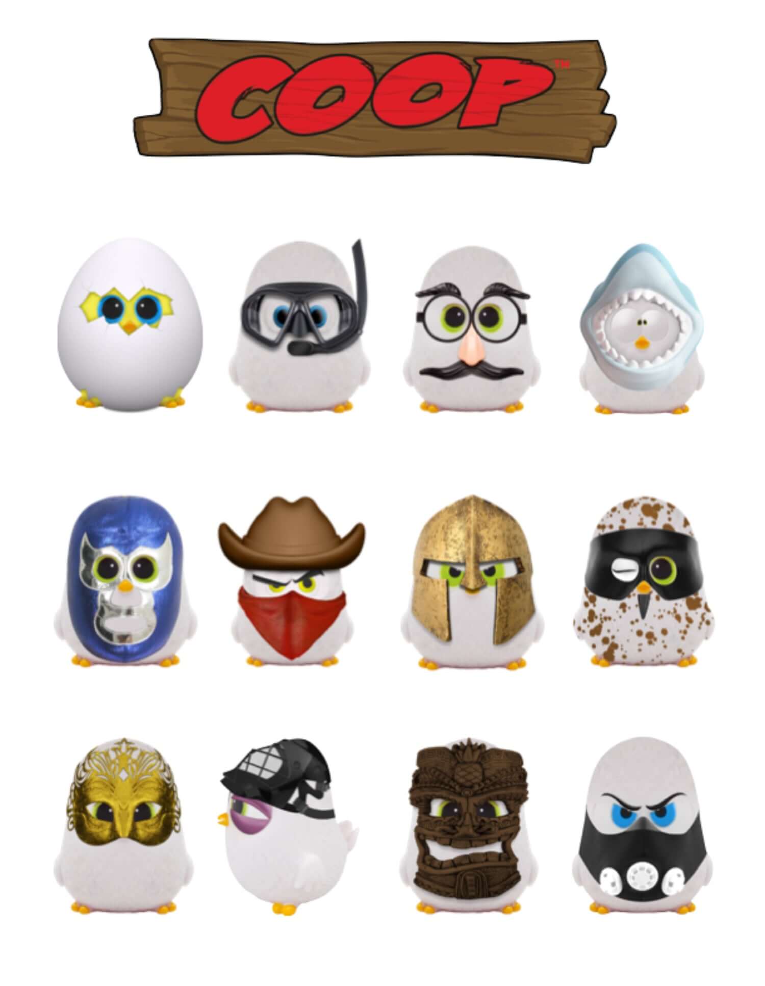 Image of various quirky characters from the Coop product line, featuring unique designs and accessories.